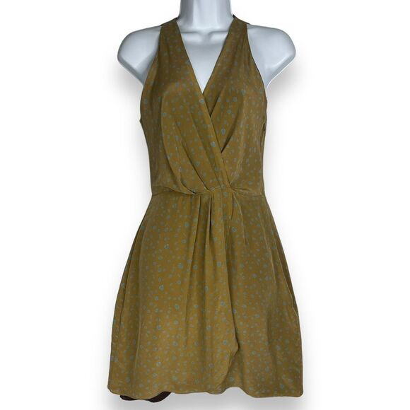 Hunter Dixon New York Dress Silk Faux Wrap Gold Teal Polka Dot Mini Lined Size 2 - Picture 1 of 15